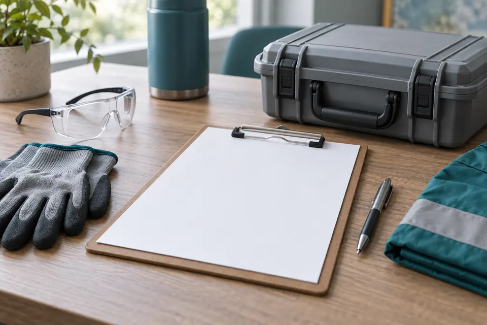 Blank clipboard, pen, safety glasses and closed case on a tabletop