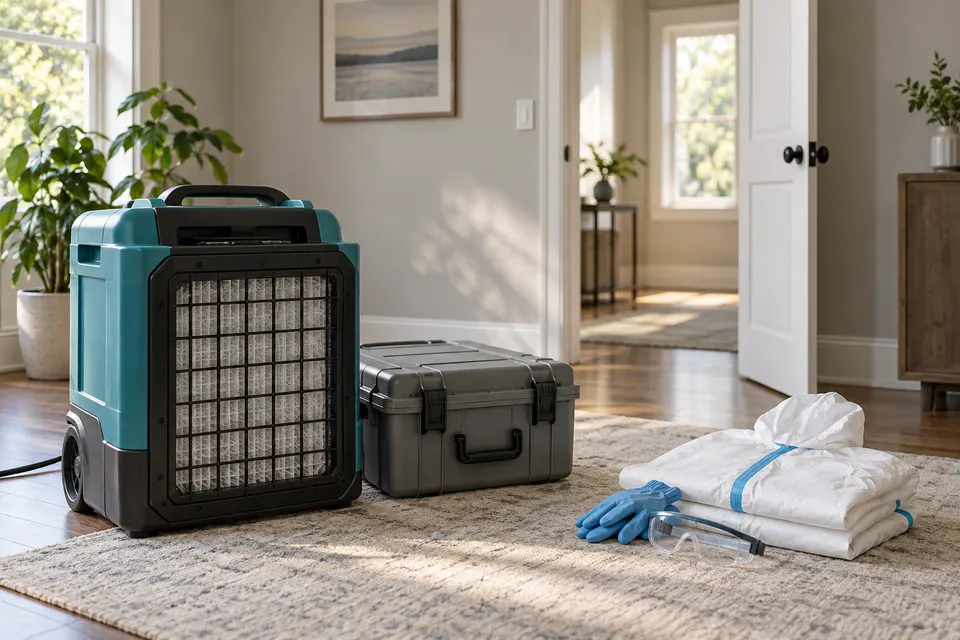 Air filtration unit and closed equipment case in a sunlit residential room
